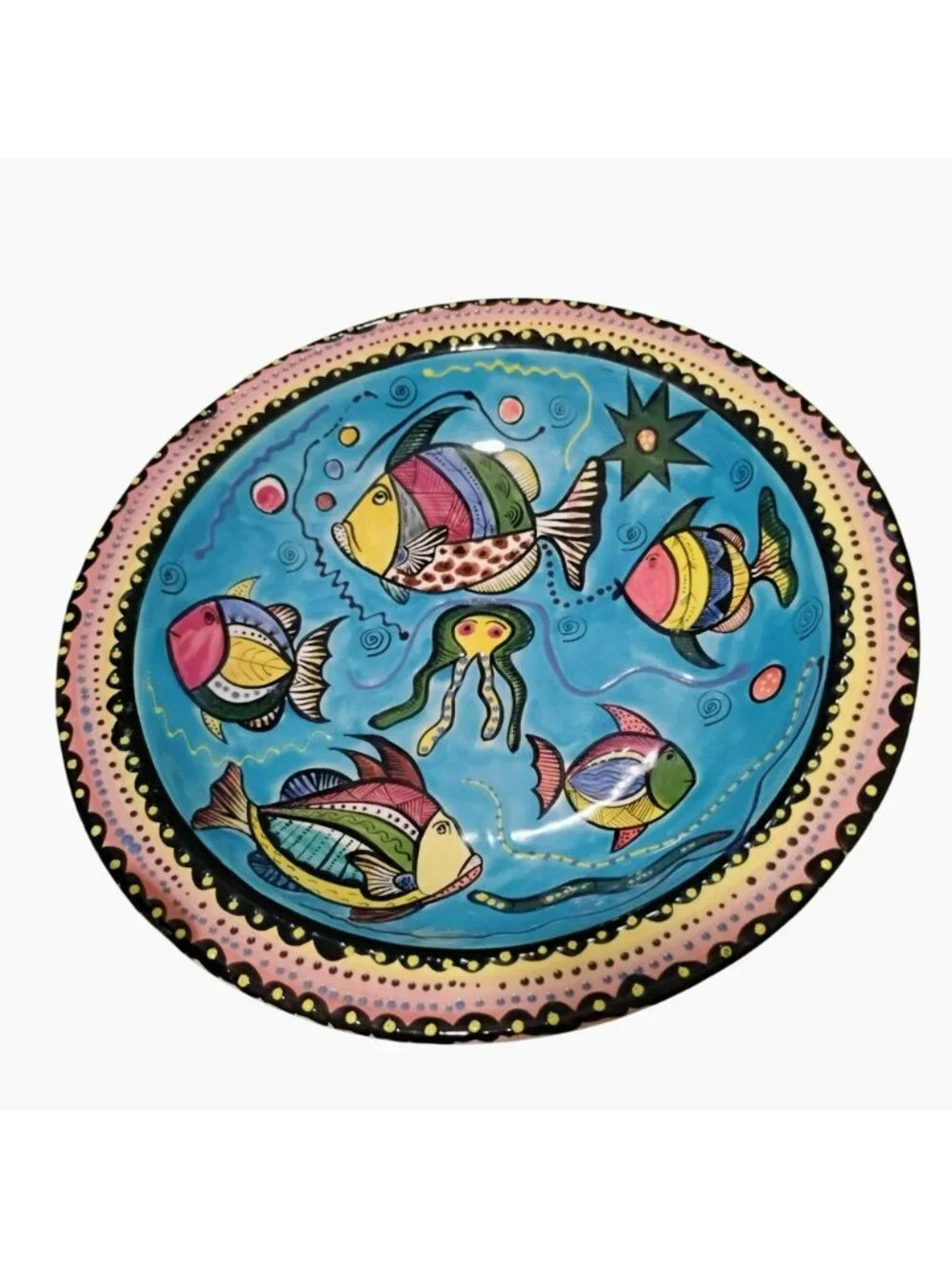 Vintage Penzo Pottery Zimbabwe 10” Fish Bowl Signed David Sipanda 2000 Folk Art